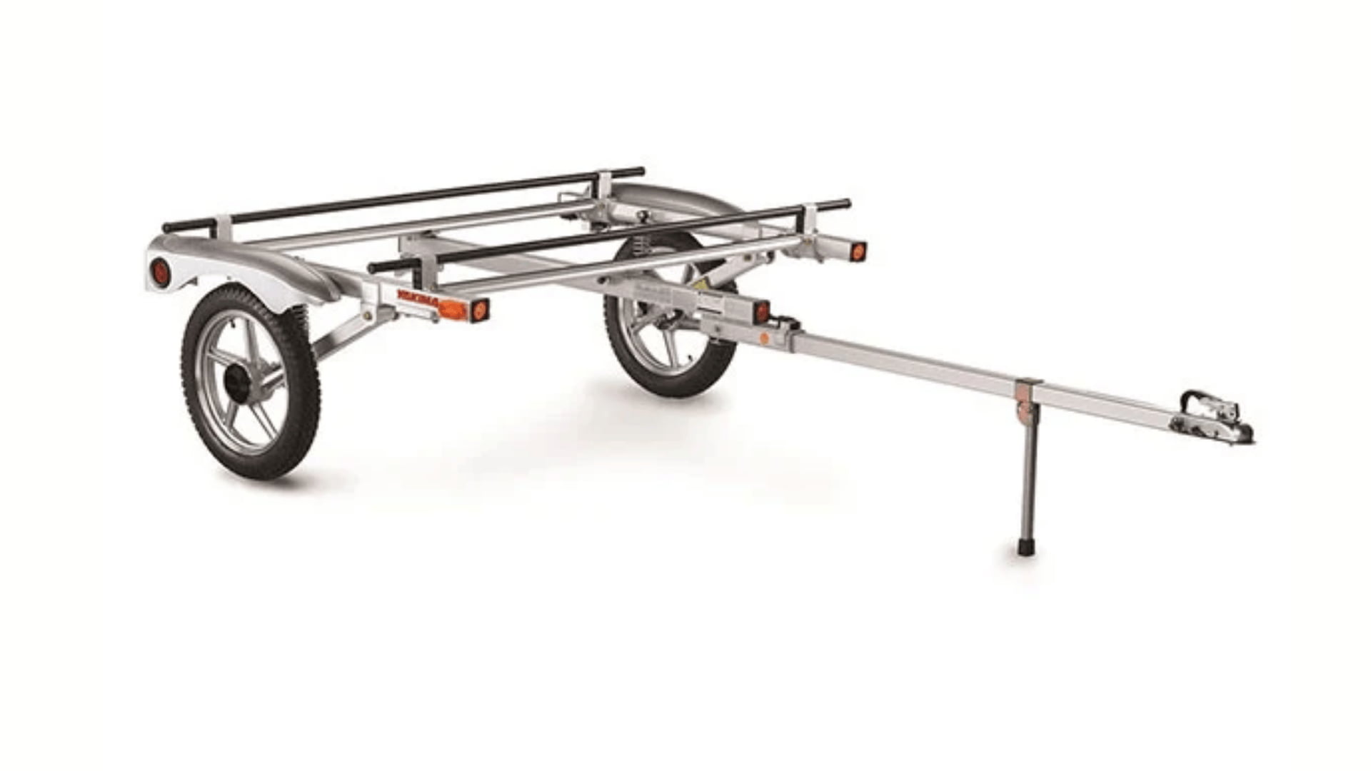 Yakima Rack and Roll trailer with mounted kayaks and wide bars
