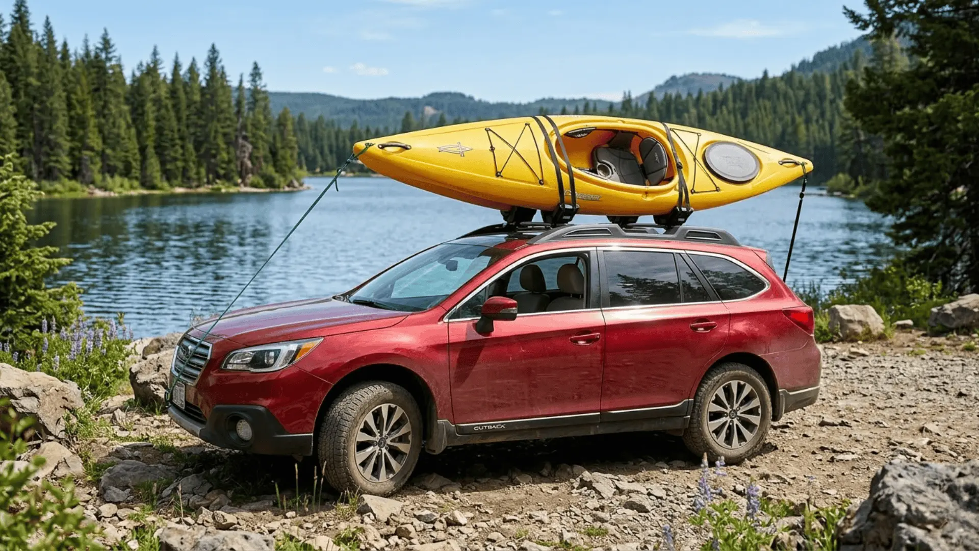 Yellow-Kayak-Secured-On-J-Cradle-Roof-Rack-On-Lakeside-SUV