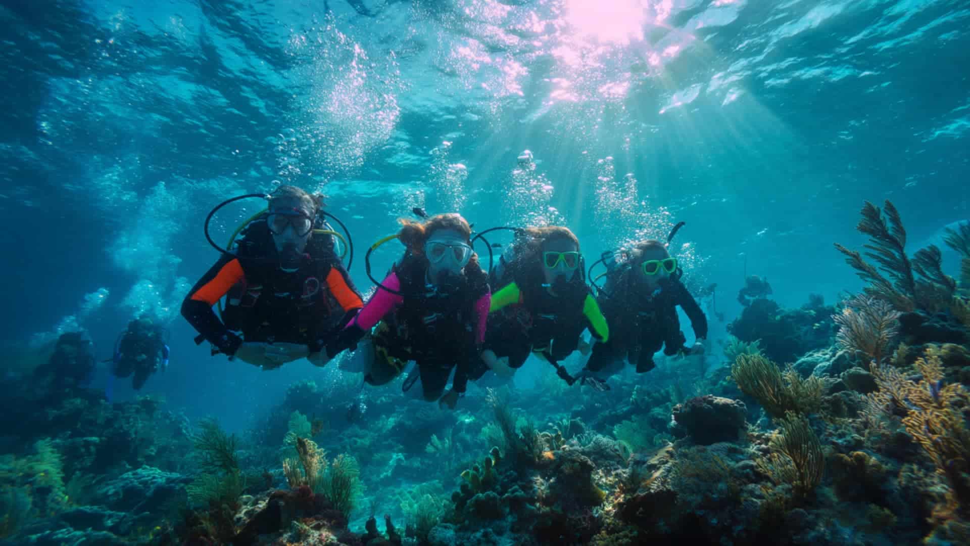 Four scuba divers swim over coral reef in clear water with sunlight and bubbles