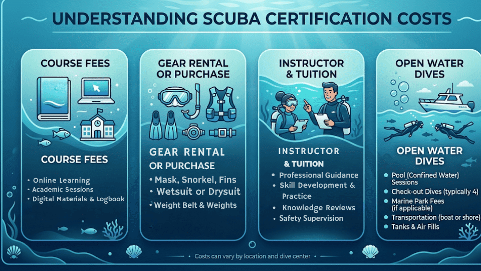 infographic showing scuba certification cost breakdown with fees, gear, instructor, and dive costs
