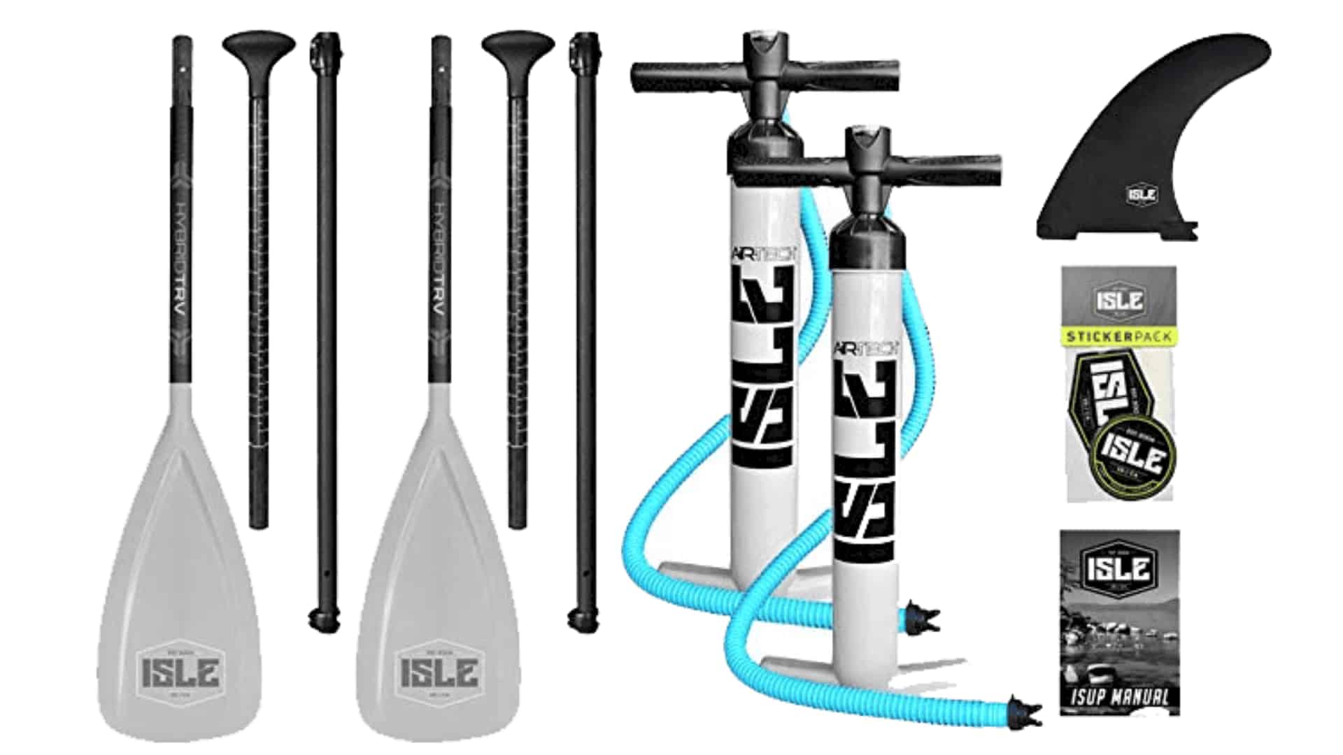 ISLE Megalodon paddle board accessory kit, including adjustable paddles, hand pump, removable fin stickers, and manual guide kit