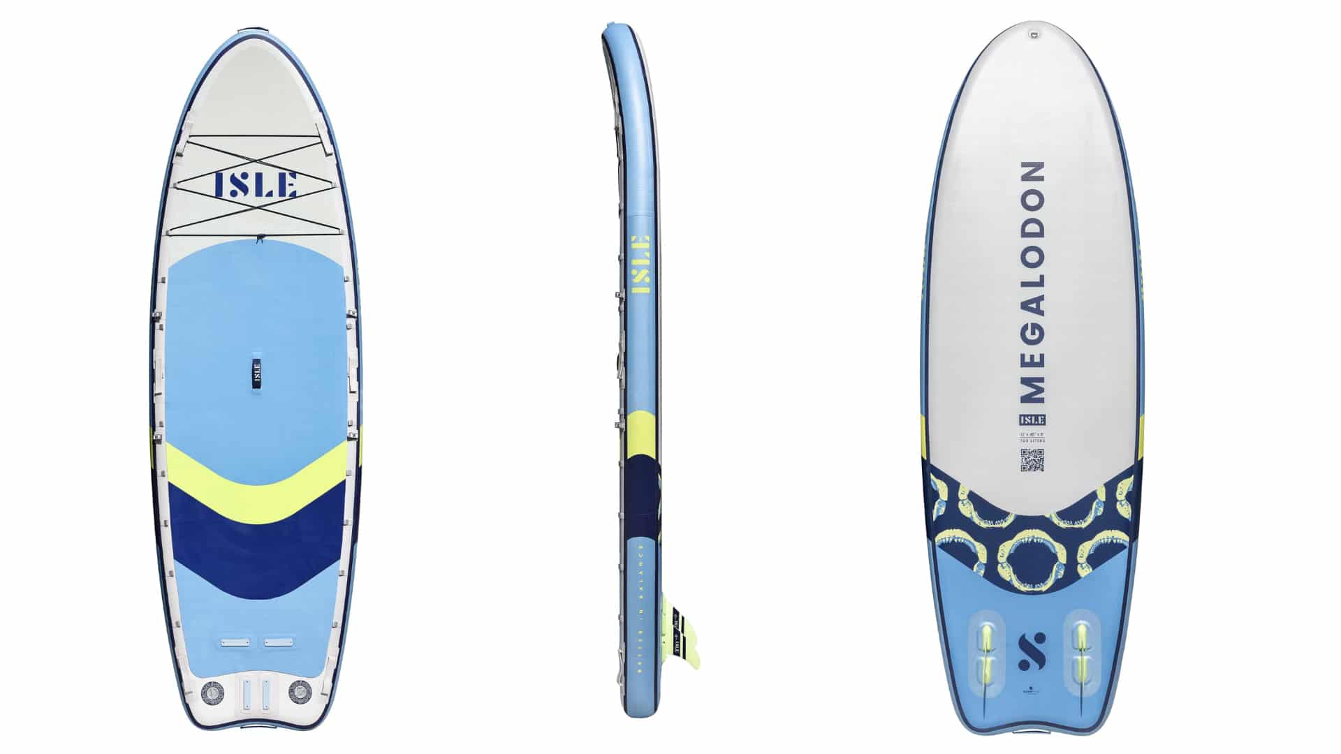 ISLE Megalodon inflatable paddle board shown from top, side, and bottom views, highlighting wide deck, fins, and multi-rider use