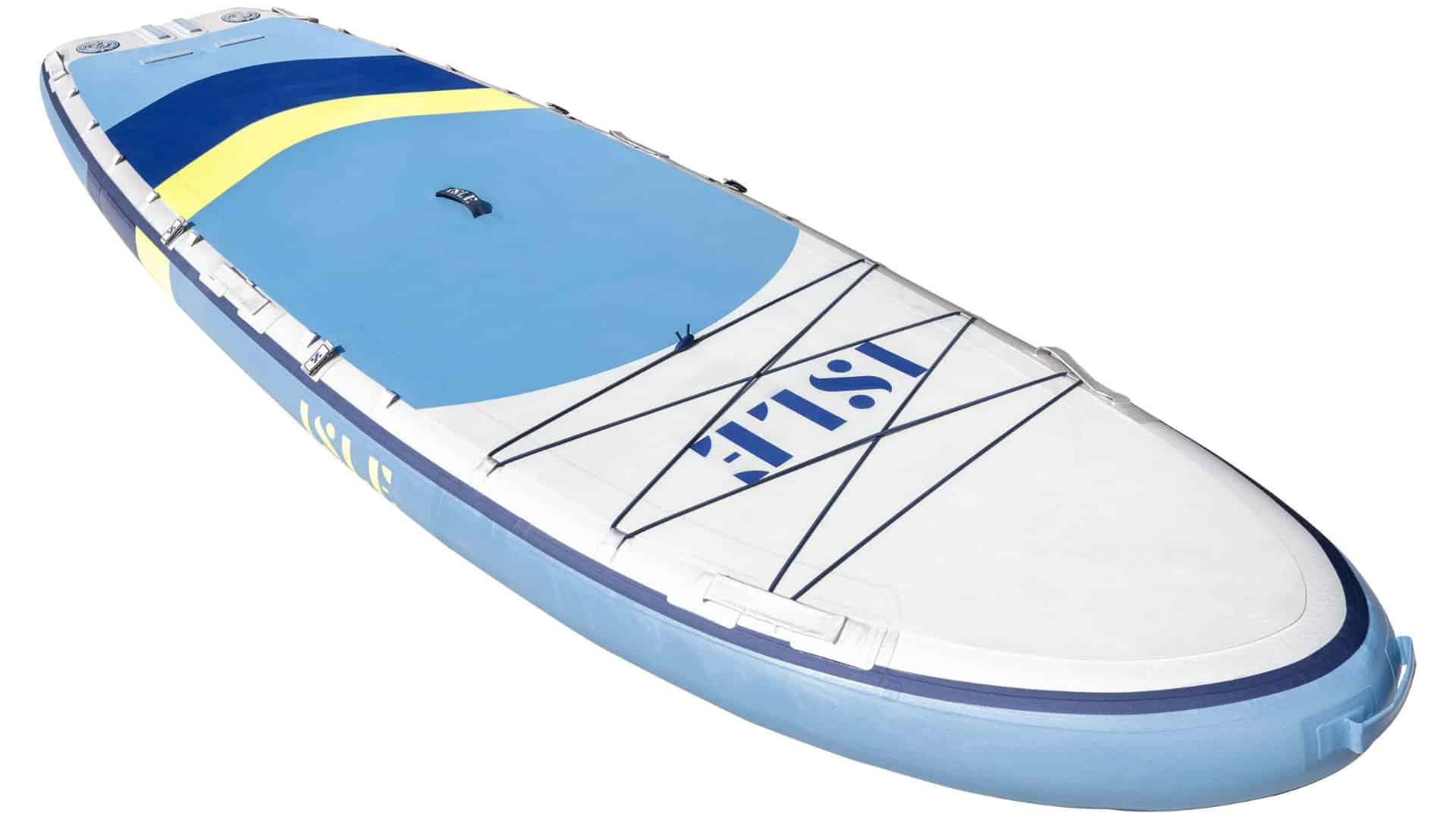 Angled view of ISLE Megalodon inflatable paddle board showing large deck pad, bungee storage area, and extra wide shape forms