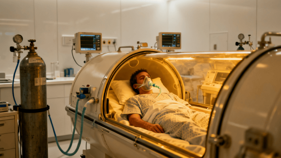person inside a hyperbaric oxygen chamber in a hospital, receiving treatment for decompression sickness, wearing hospital attire and an oxygen mask