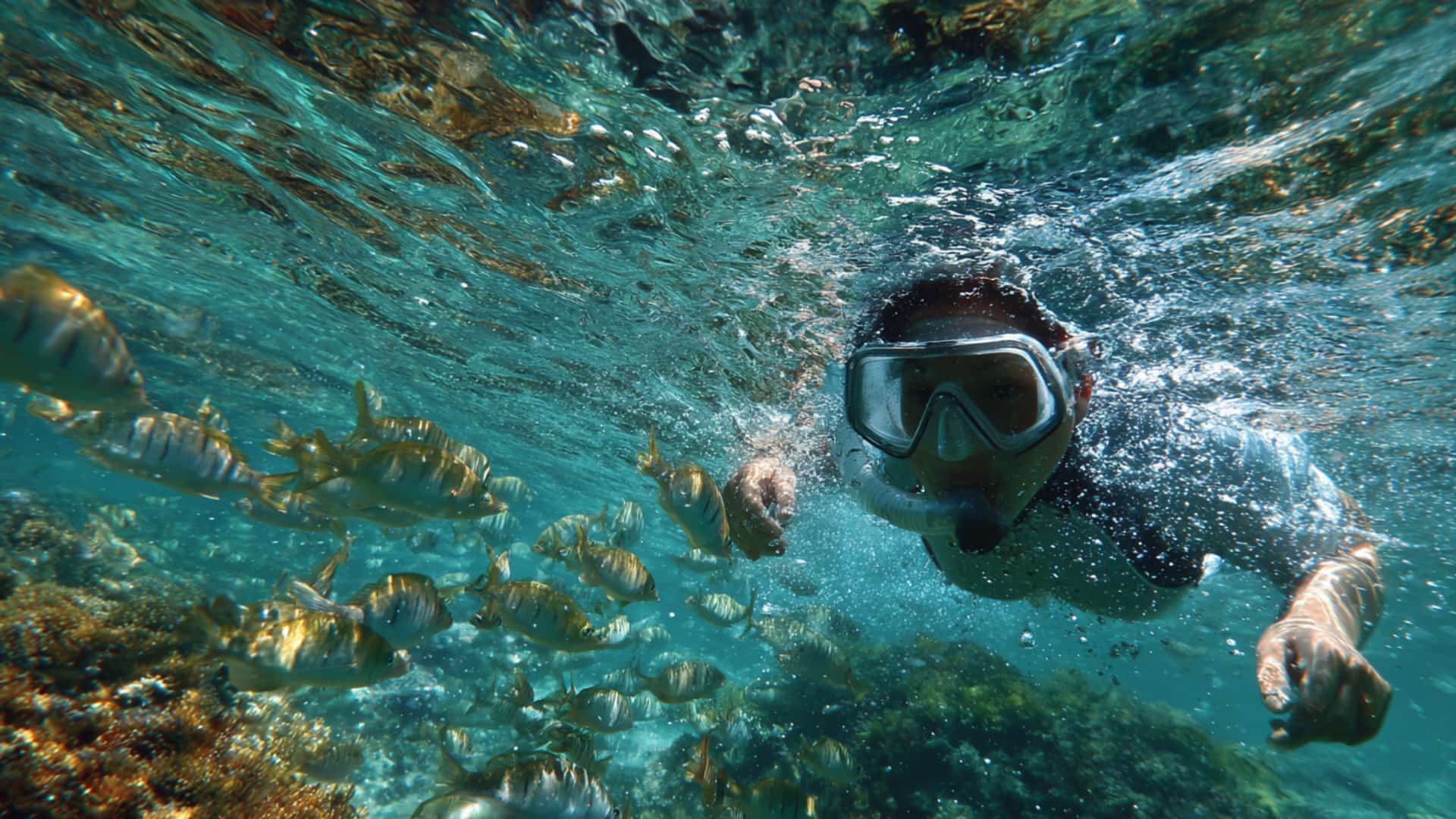 Snorkeler swimming through clear tropical water with reef fish and coral below.