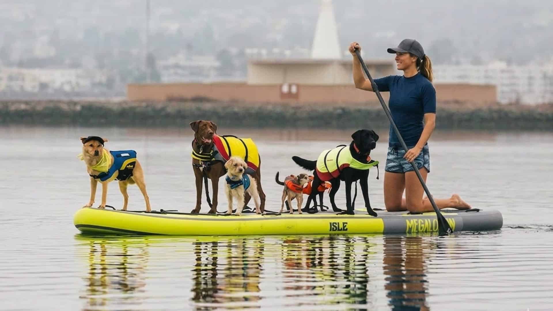 woman-riding-megalodon-paddle-board-with-her-dogs