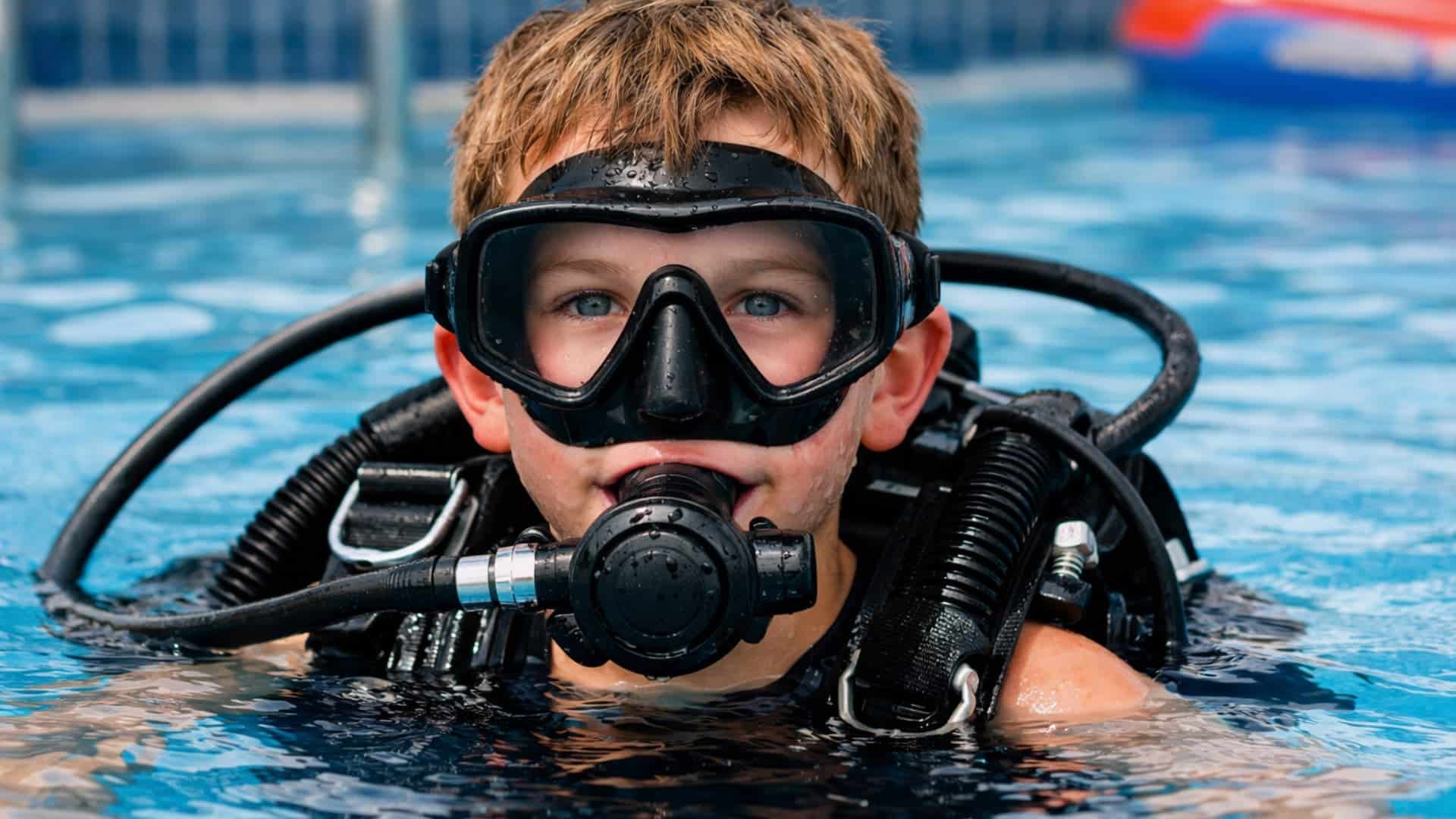 Young scuba diver in pool wearing mask and regulator during beginner training prep