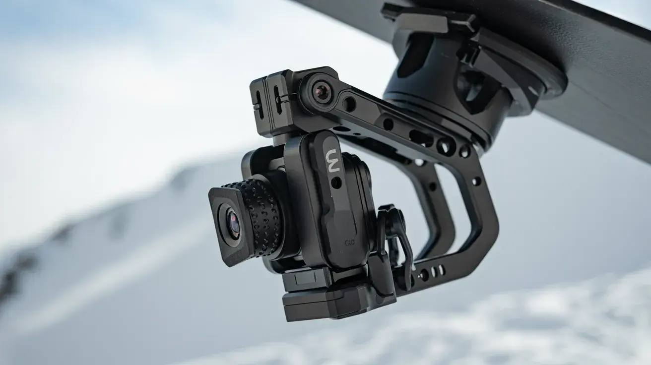 Action camera mounted on a snowboard with a stabilizing bracket in a snowy mountain setting