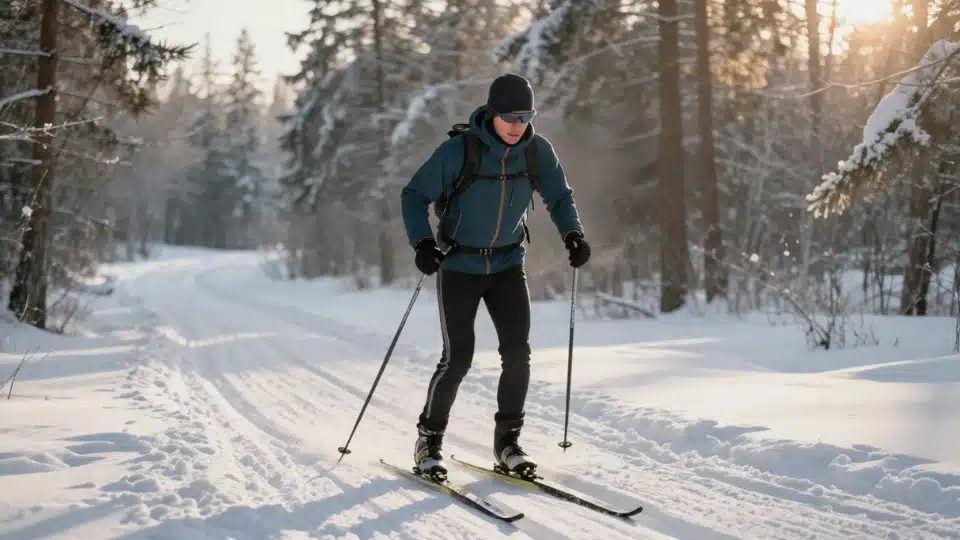 Beginner Nordic skier gliding through snowy forest trail at sunrise with golden winter light. (1) (1)