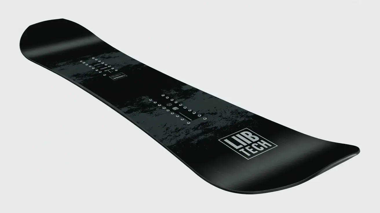 Black Lib Tech snowboard with a subtle textured graphic and logo near the tail