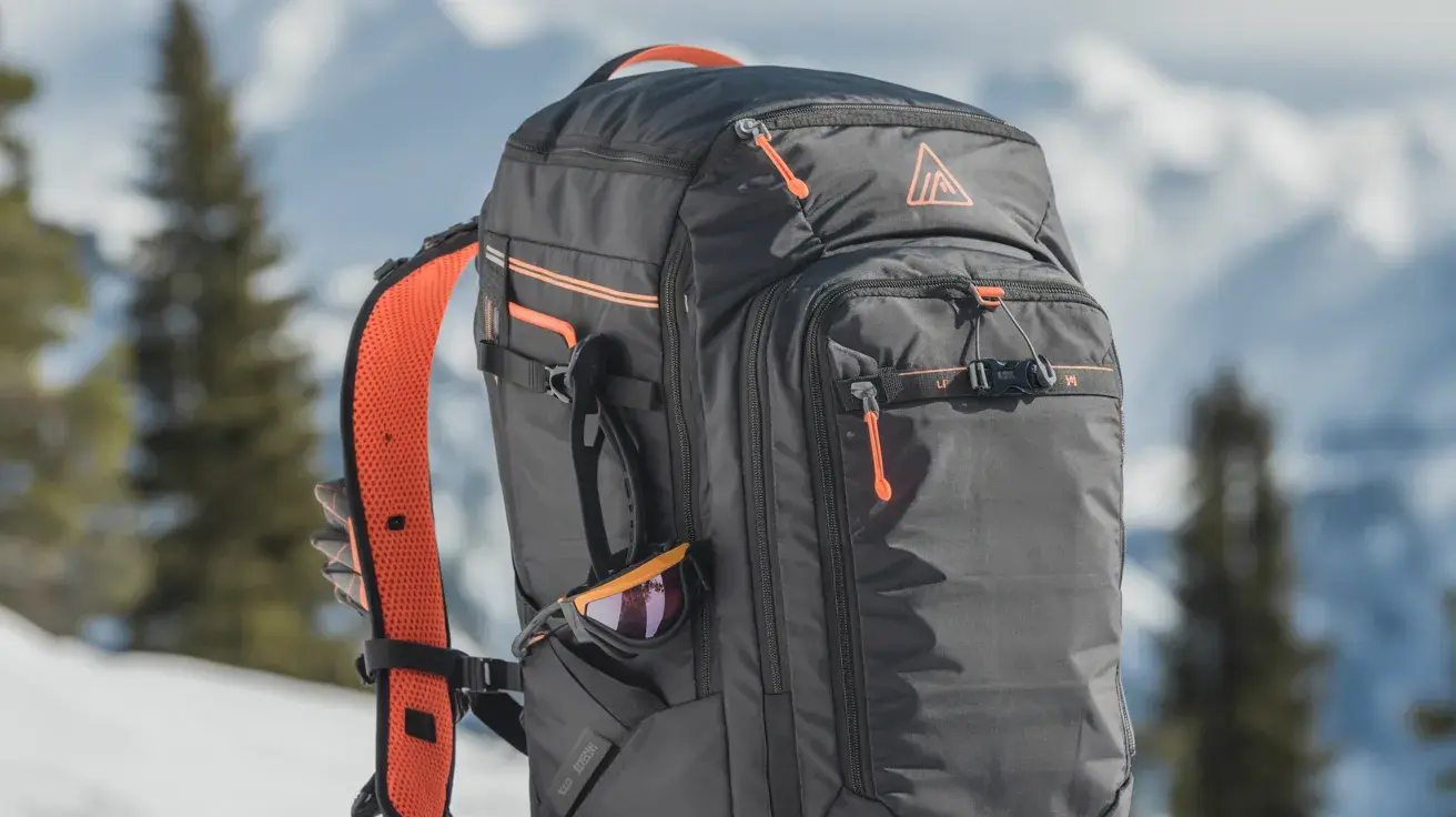 Black ski backpack with orange accents and multiple compartments against a snowy mountain