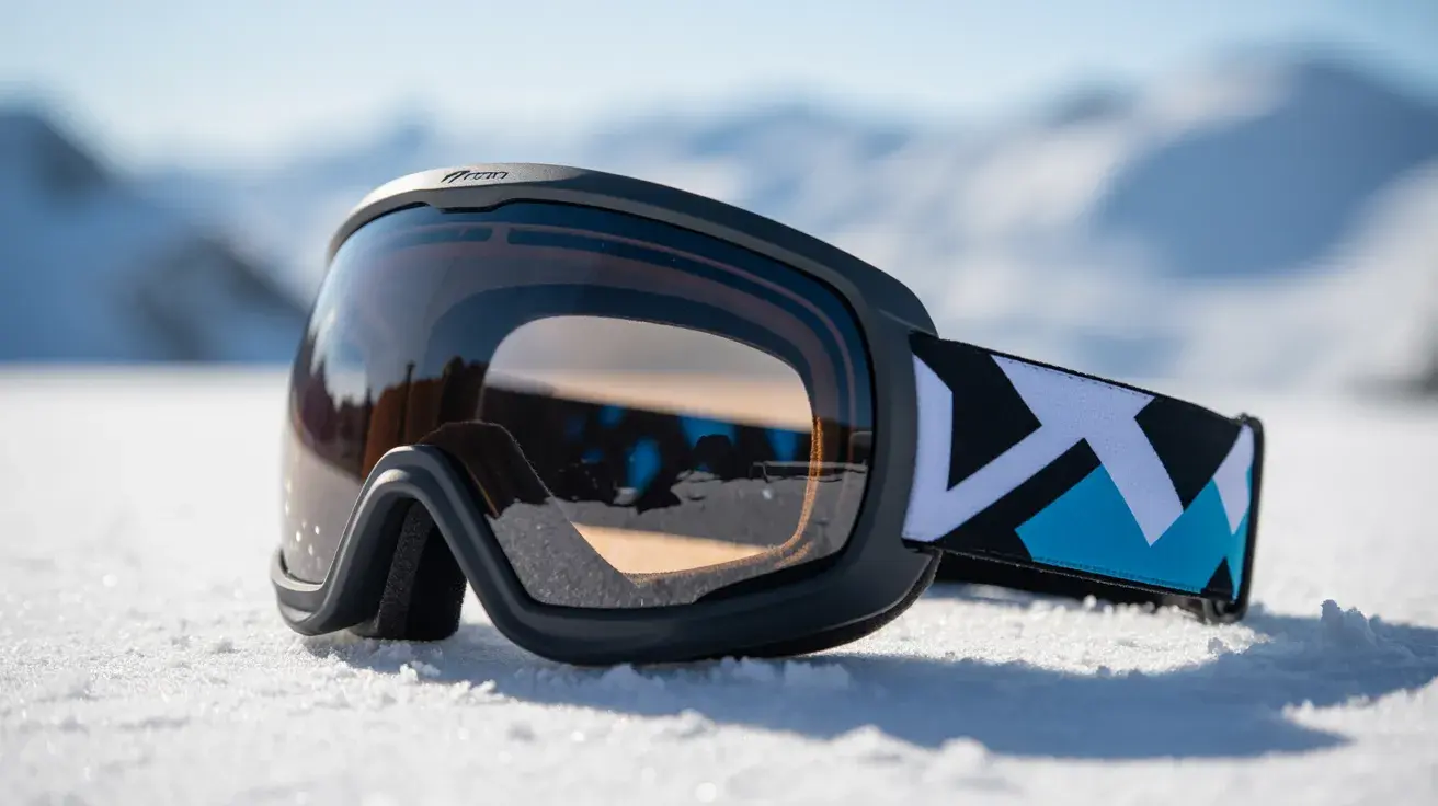 Black ski goggles with reflective lens resting on snow with mountains in the background
