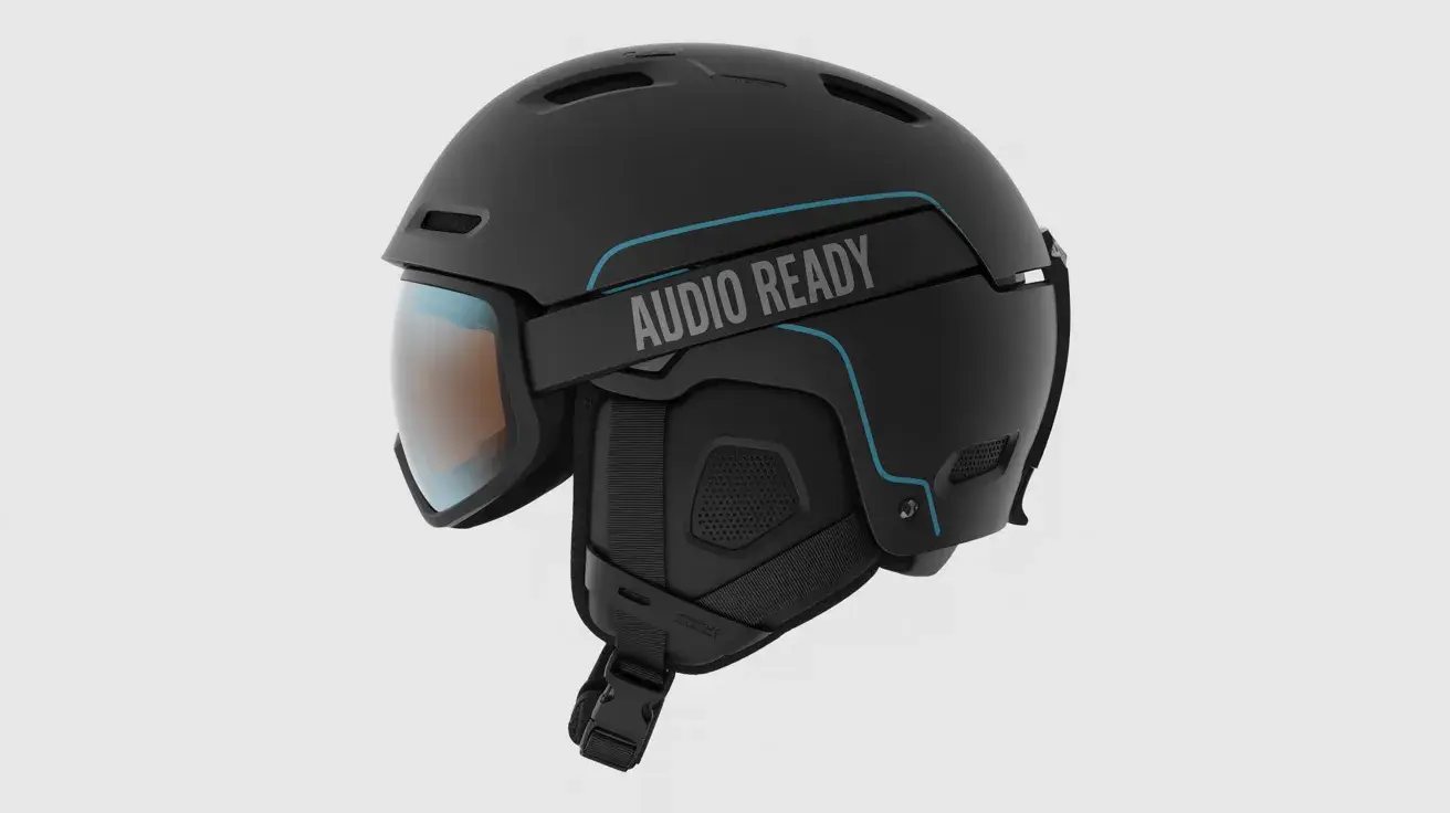 Black ski helmet with built-in audio system and attached goggles