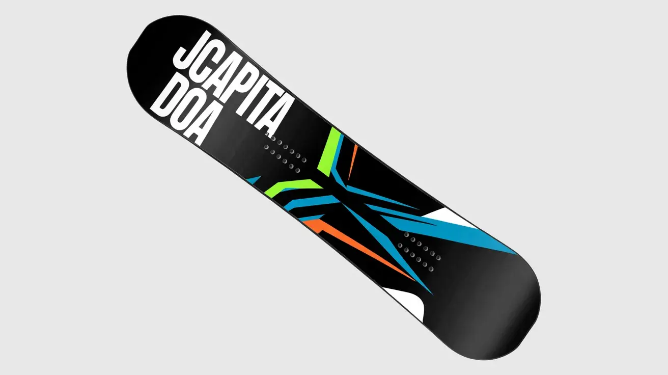 Black snowboard with bold “CAPiTA DOA” text and colorful geometric graphic accents