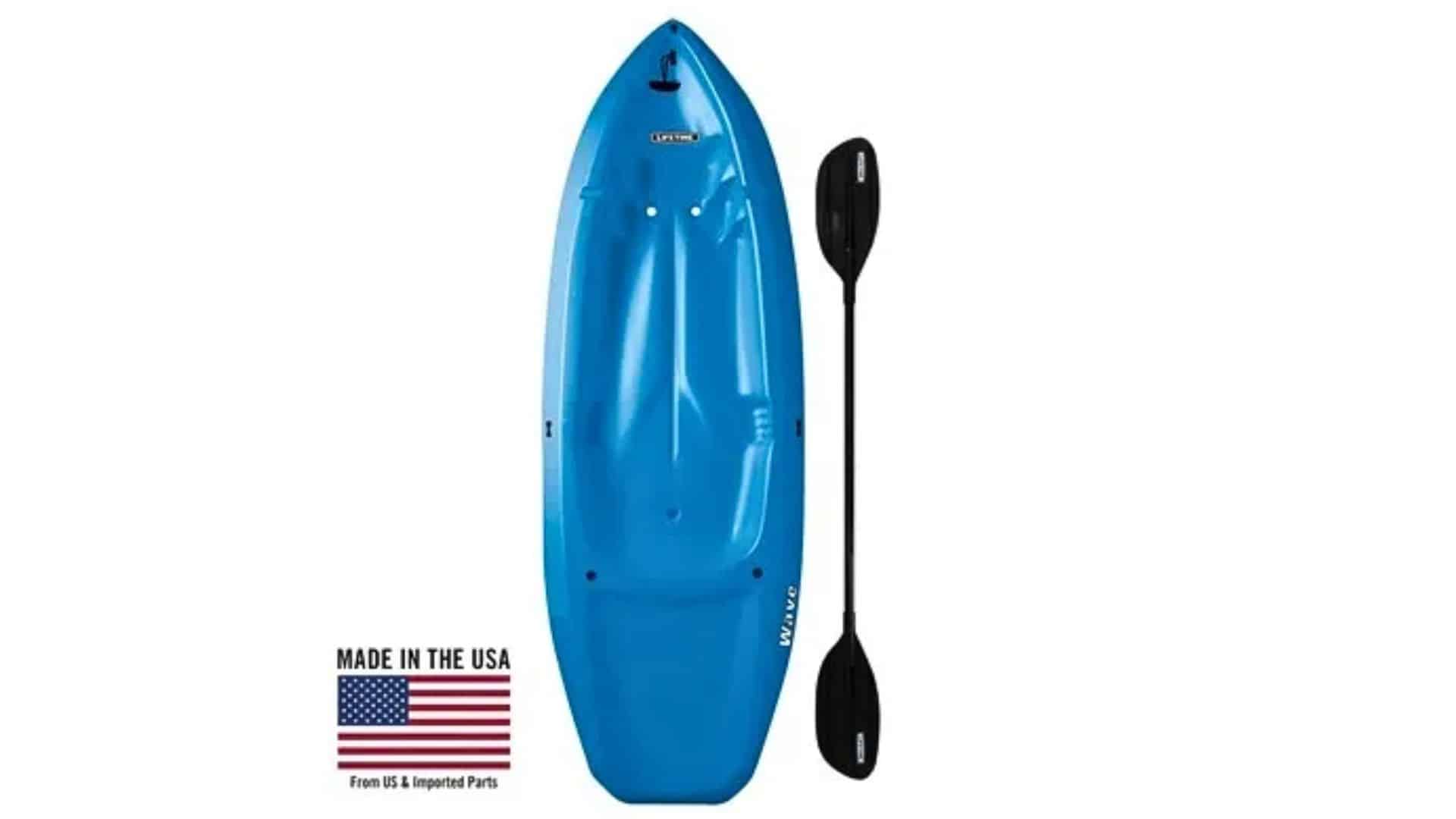 Blue Lifetime Wave youth kayak with matching double-sided paddle on a white background