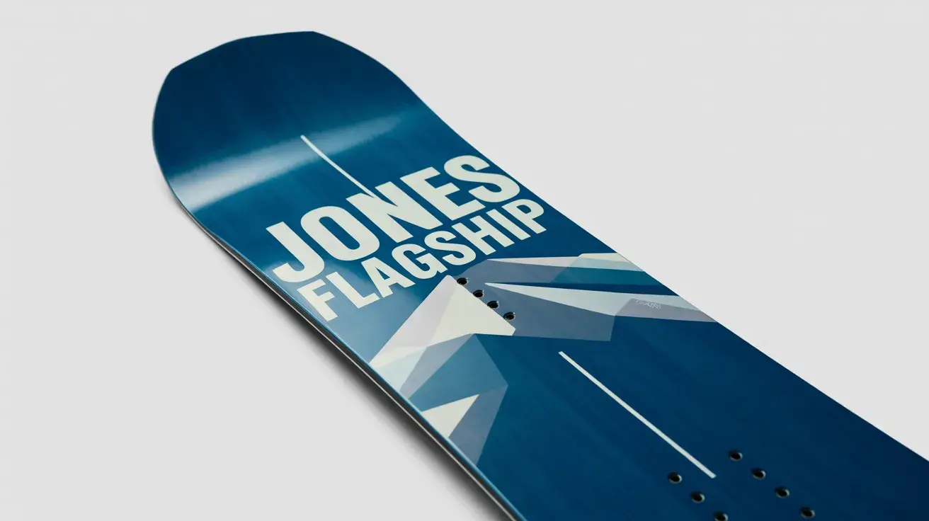 Blue snowboard with geometric mountain design and bold “JONES FLAGSHIP” text on the deck