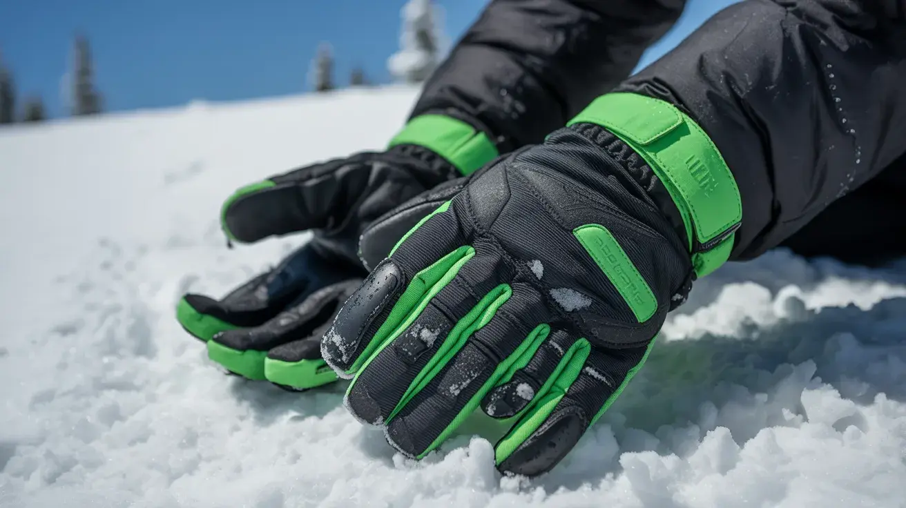 Close-up of black and green insulated winter gloves resting on snow outdoors