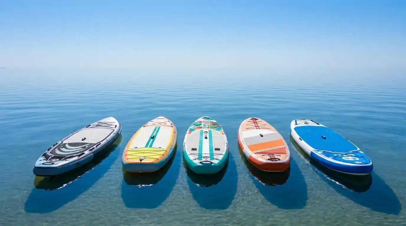 Five paddleboards floating side by side on calm blue water