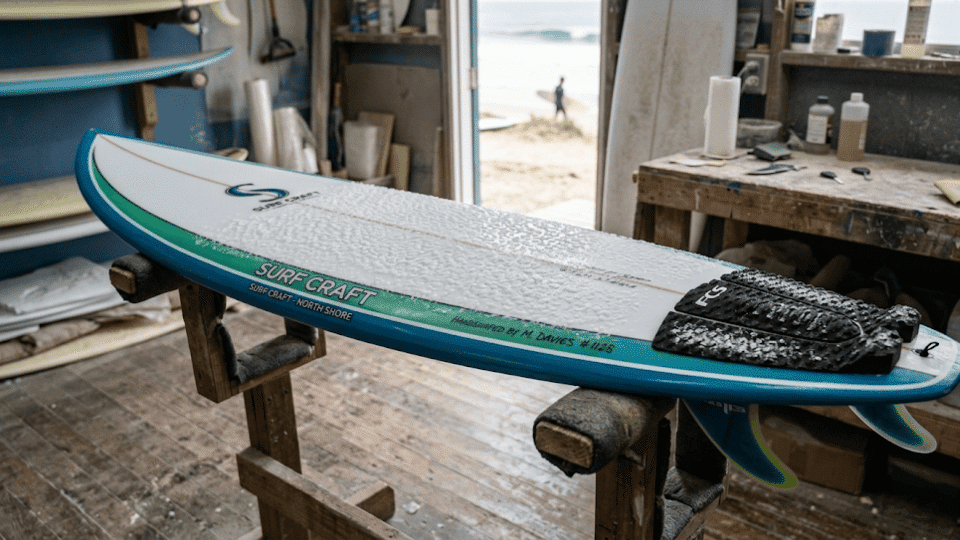 Fully waxed surfboard with an even texture, showing the completed deck ready for surfing.