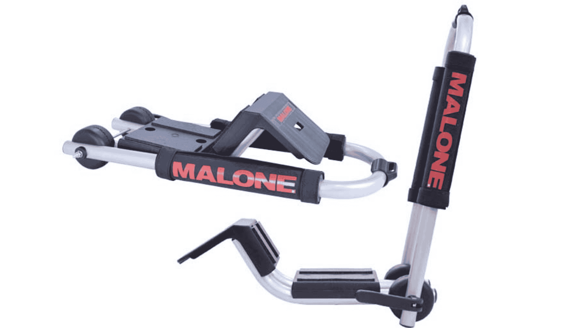 Malone Downloader J-Style kayak carrier with aluminum frame and black padded supports for roof transport.