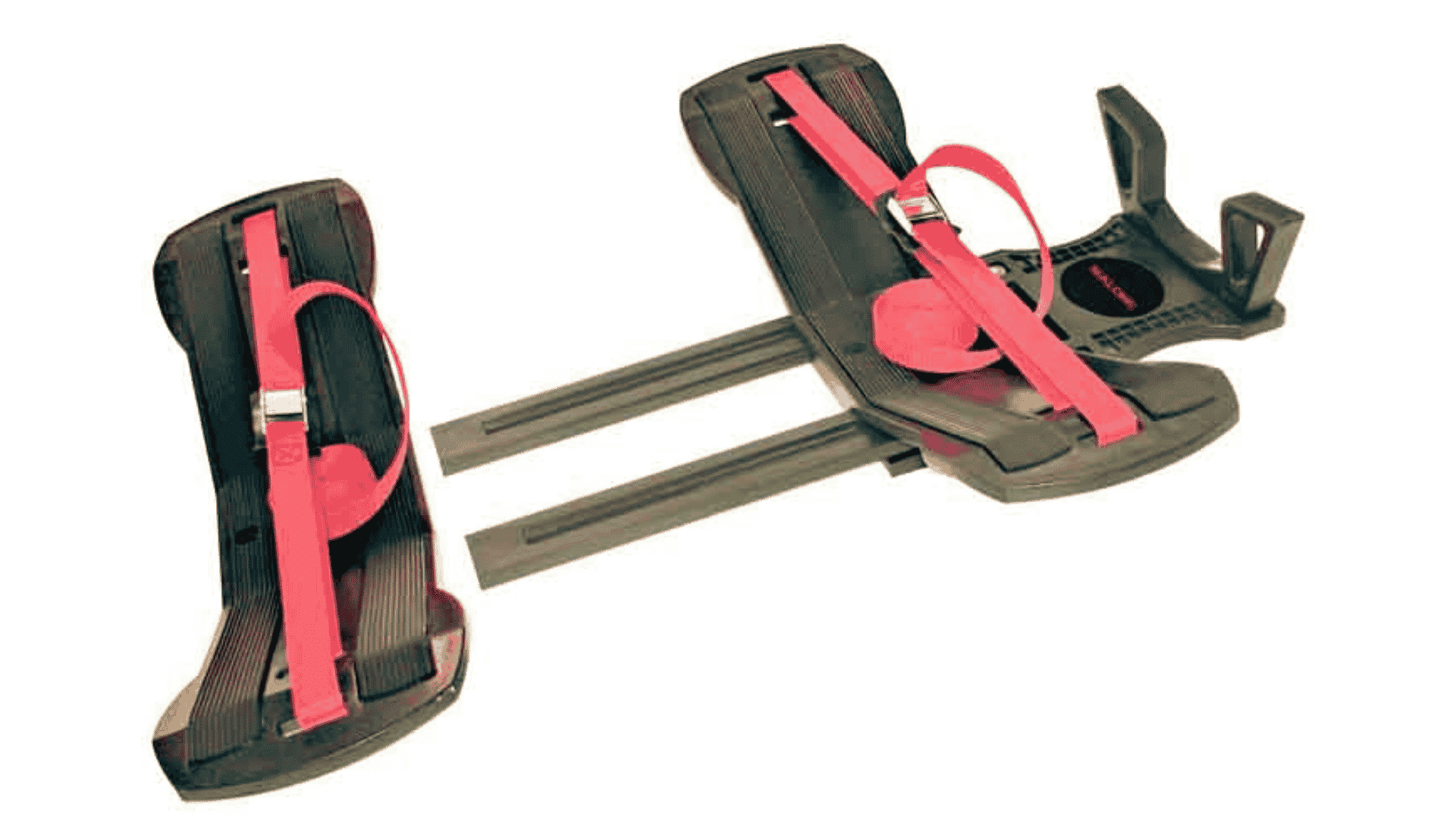 Malone SS Combo SeaWing and Stinger load assist kayak carrier with red straps and adjustable supports.