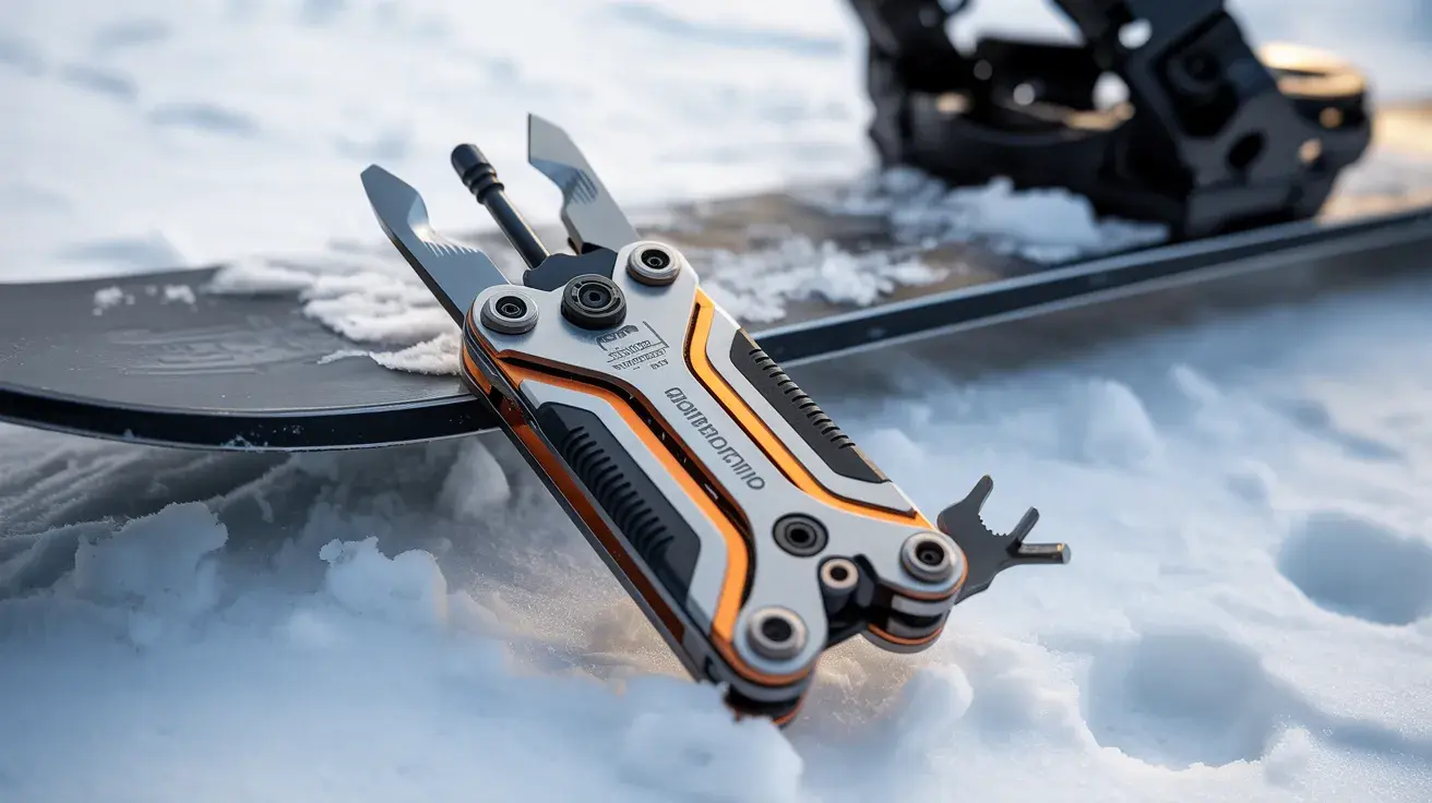 Multi-tool placed on a snowboard in the snow, designed for ski and snowboard adjustments