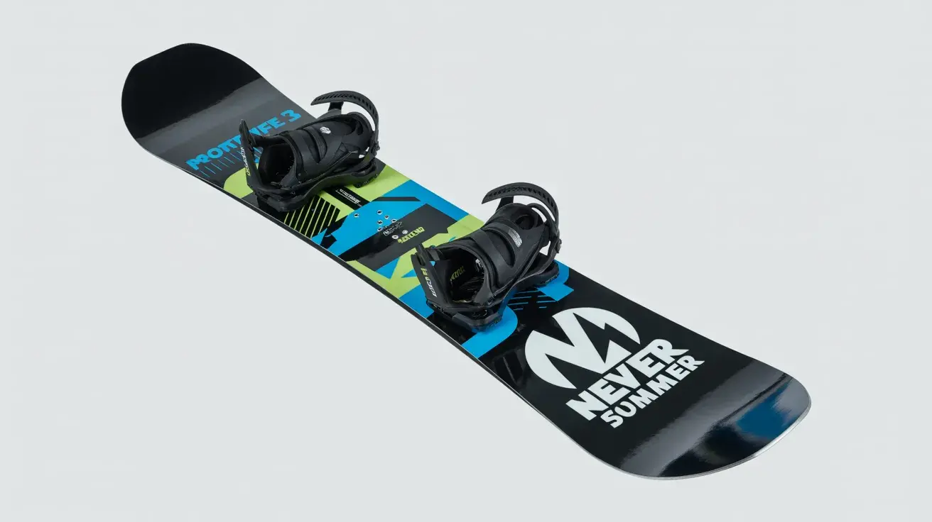 Never Summer Proto Type 3 snowboard with bindings, featuring a black base and blue-green geometric graphics