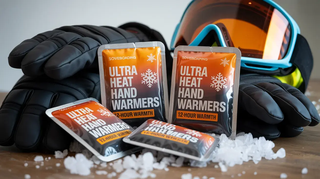 Packets of hand warmers displayed with winter gloves and ski goggles on a snowy surface