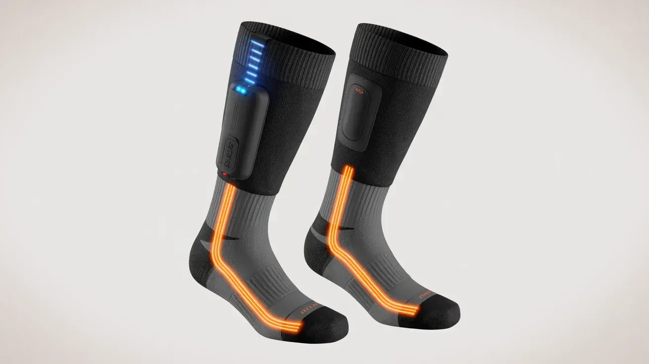 Pair of heated socks with visible warming elements and battery packs on the cuffs.