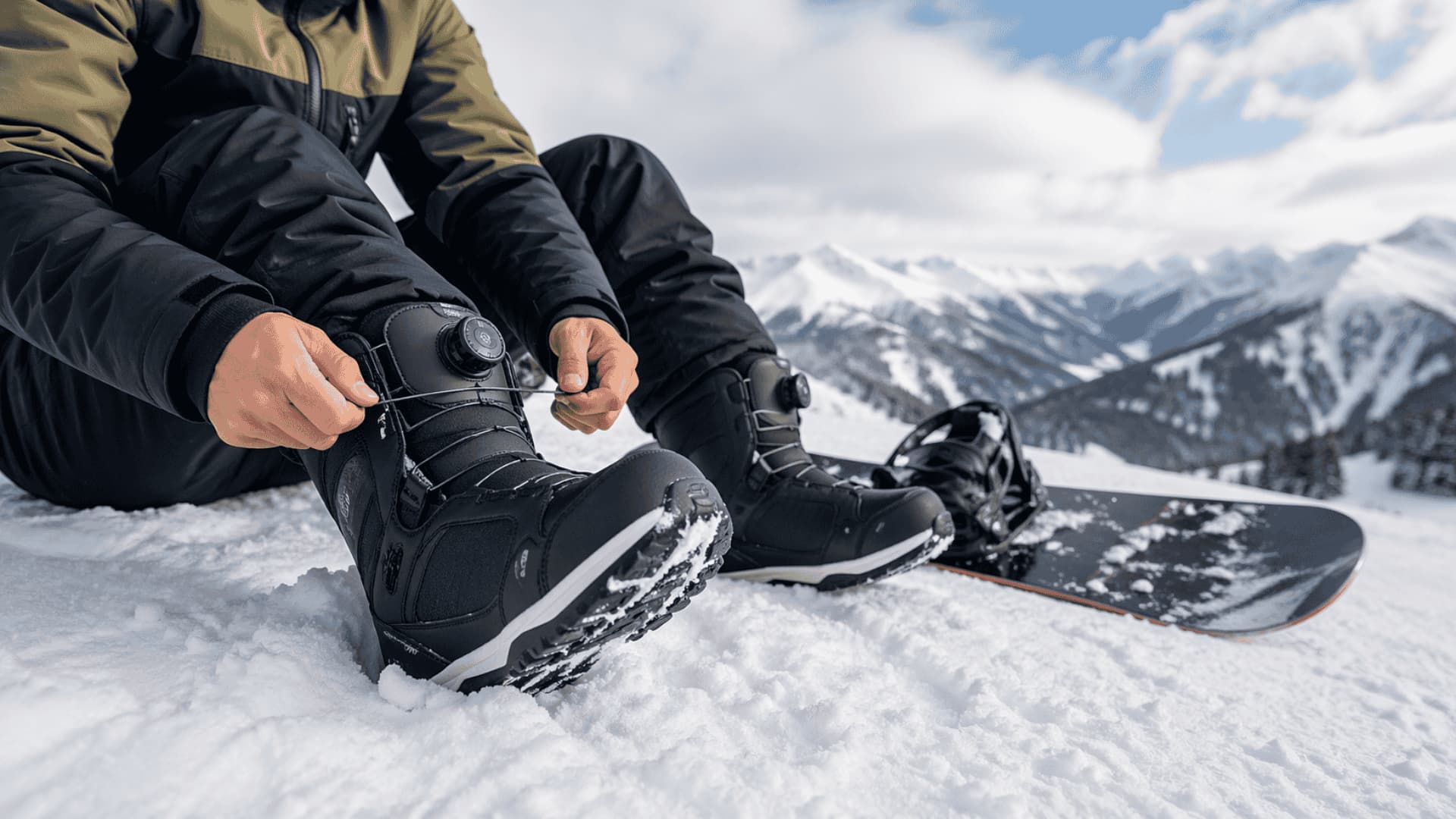 Person tightening snowboard boots on snow with snowboard and mountains in background