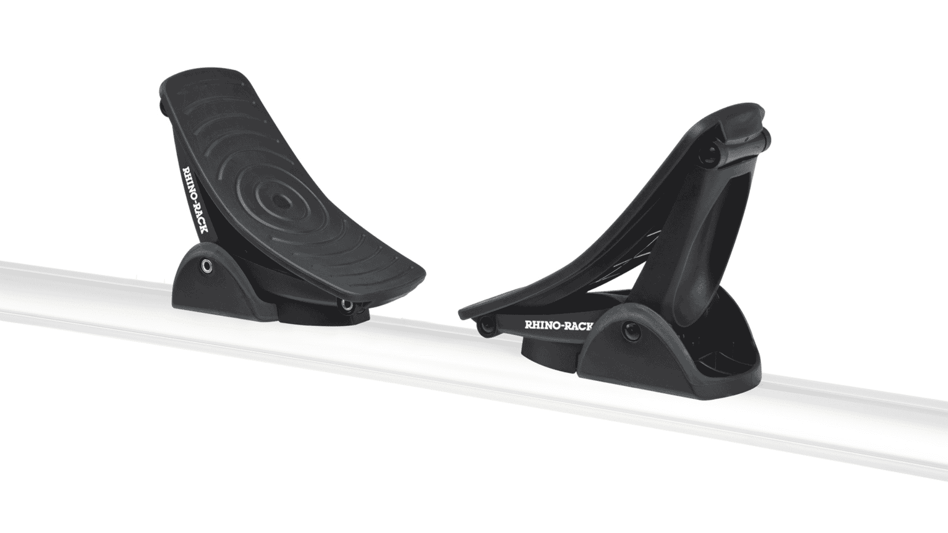 Rhino-Rack Nautic 580 kayak carrier with black curved supports mounted on a roof rack.