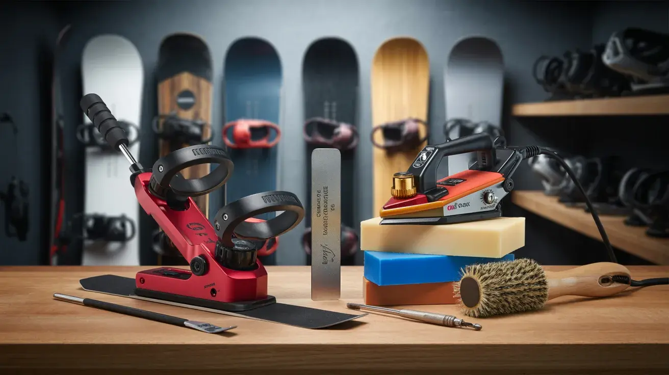 Ski and snowboard tuning tools arranged on a workbench with boards displayed in the background