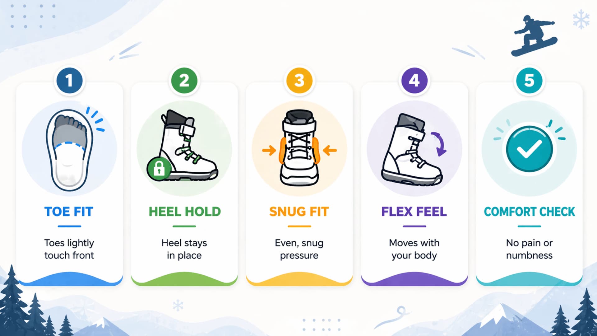 Snowboard boot fit checklist with five steps toe fit, heel hold, snug fit, flex feel, comfort check