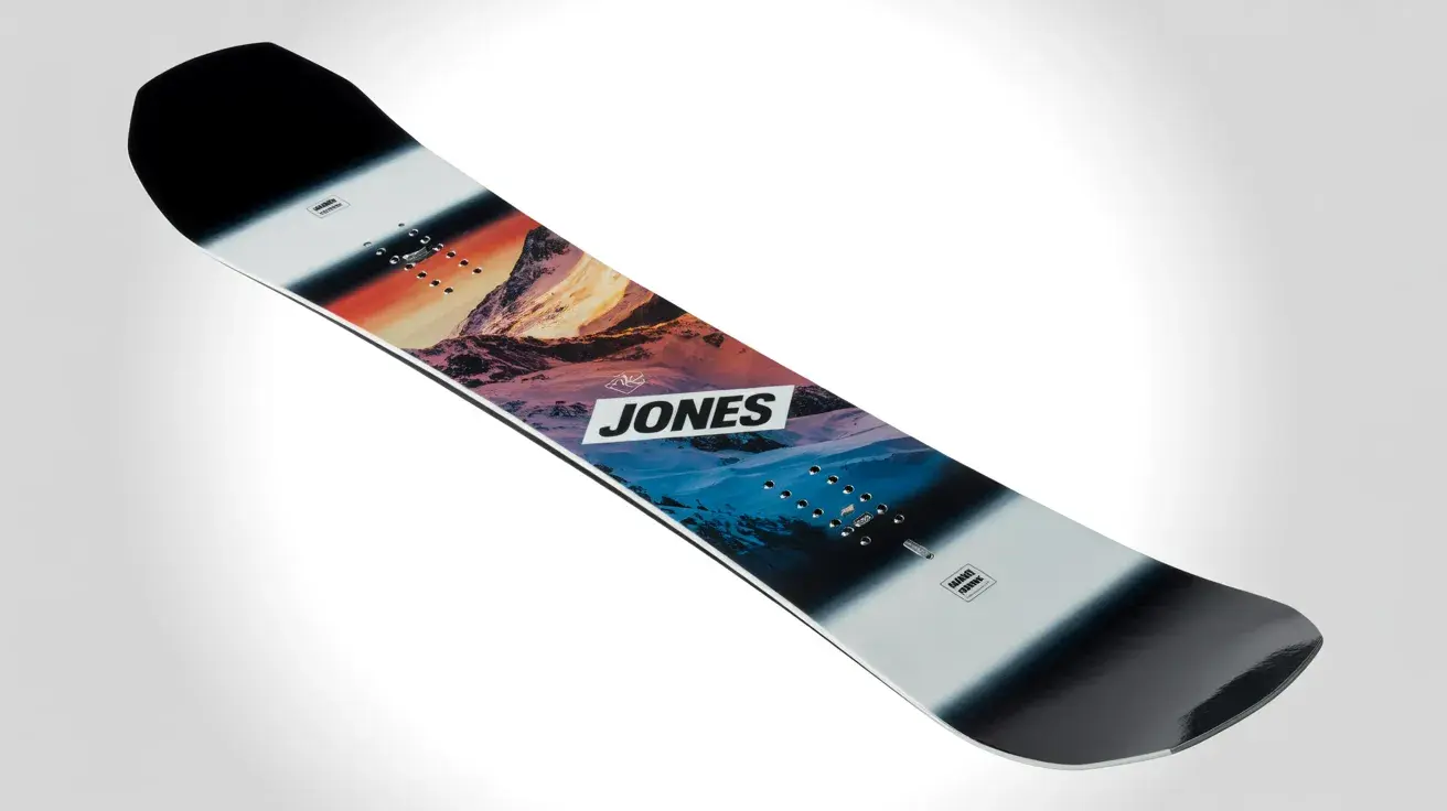 Snowboard with a colorful mountain landscape graphic and “JONES” logo centered on the deck