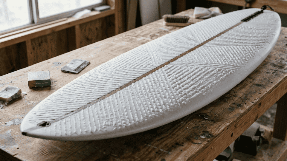 Surfboard with basecoat wax applied in diagonal lines, forming raised bumps for a solid grip.