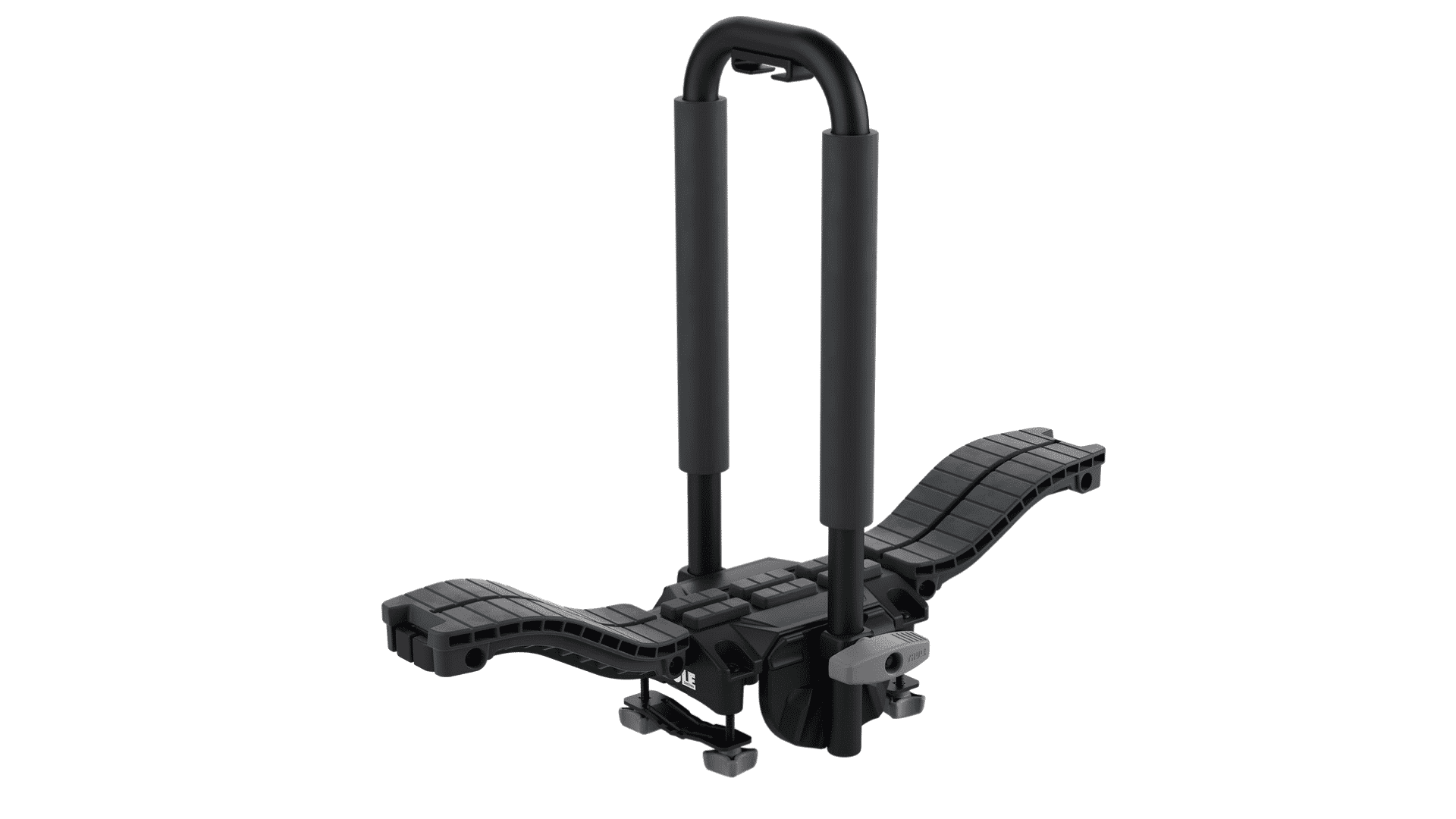 Thule Compass kayak rack with upright padded supports and adjustable arms for carrying a kayak.