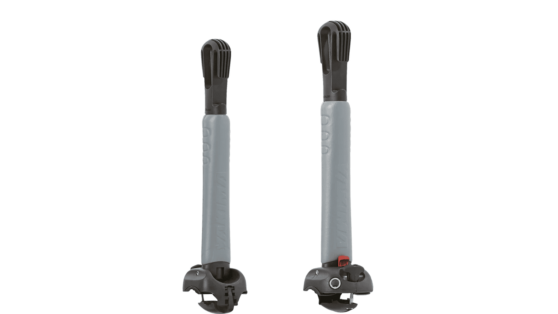Yakima BigStack kayak carrier with gray padded arms and adjustable clamps for rooftop transport.