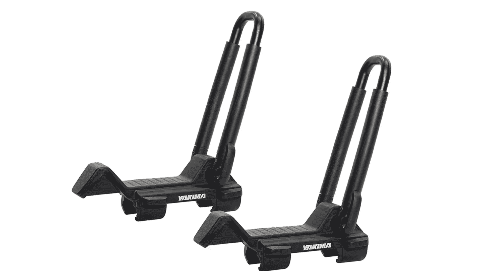 Pair of Yakima JayLow kayak carriers with upright padded arms and base supports for roof rack transport.