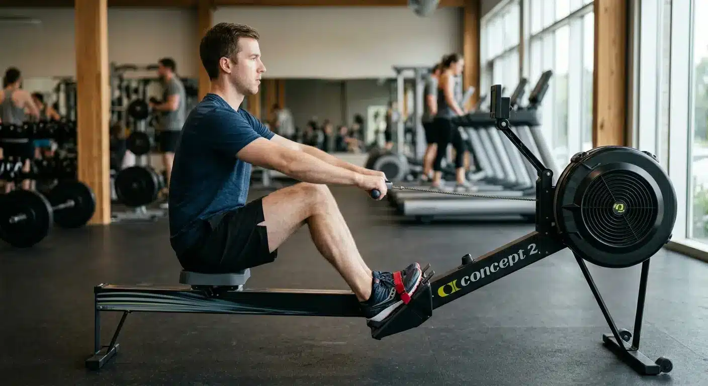 A beginner rowing on a machine in a gym, focusing on proper posture and technique