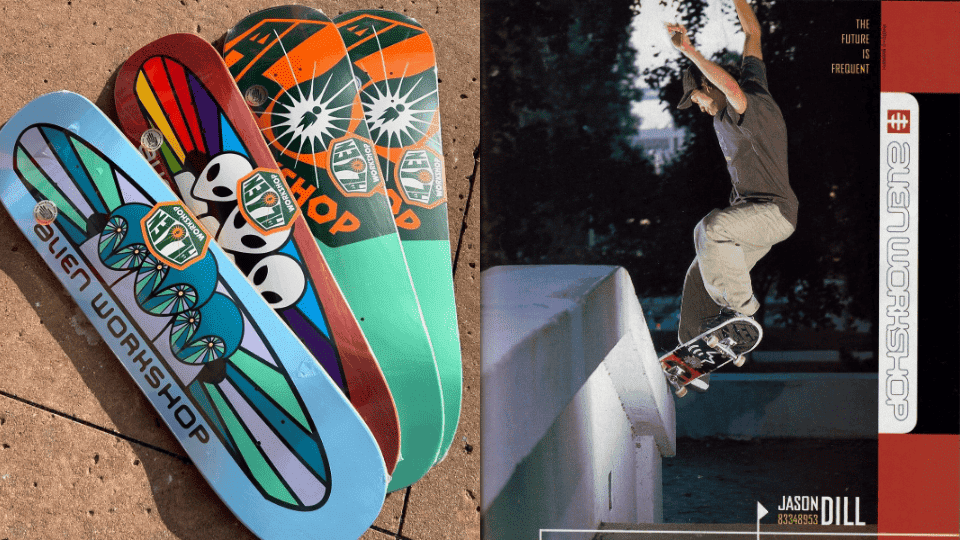 A collection of Alein Workshop skateboards showning various designs