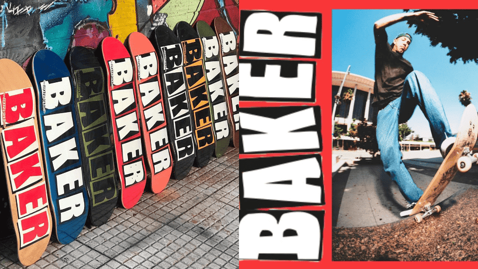 A collection of Baker skateboards showning various designs