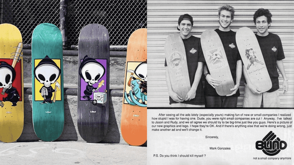 A collection of Blind skateboards showning various designs