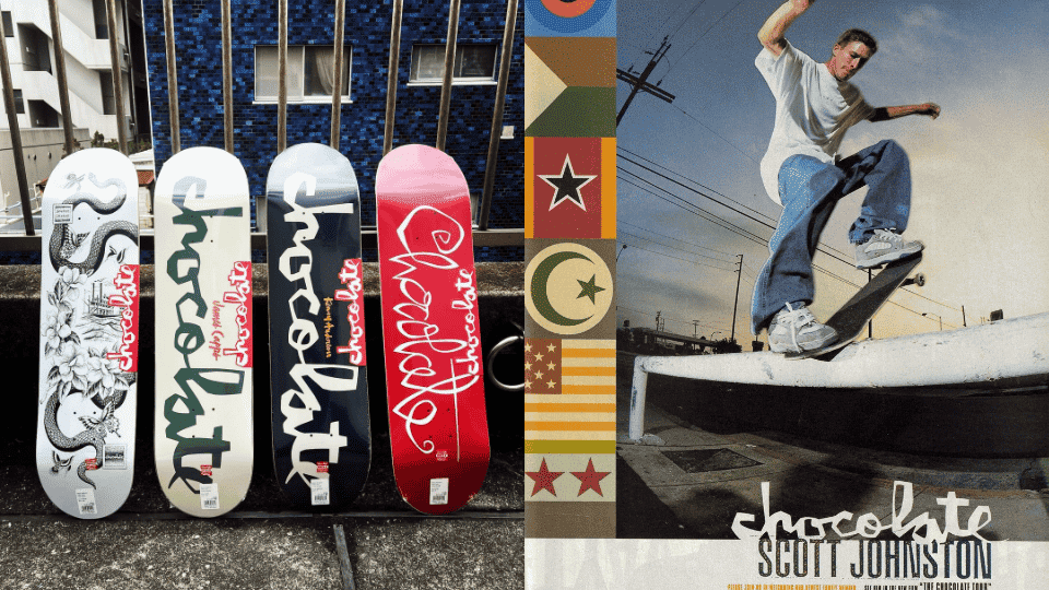 A collection of Chocolate skateboards showning various designs