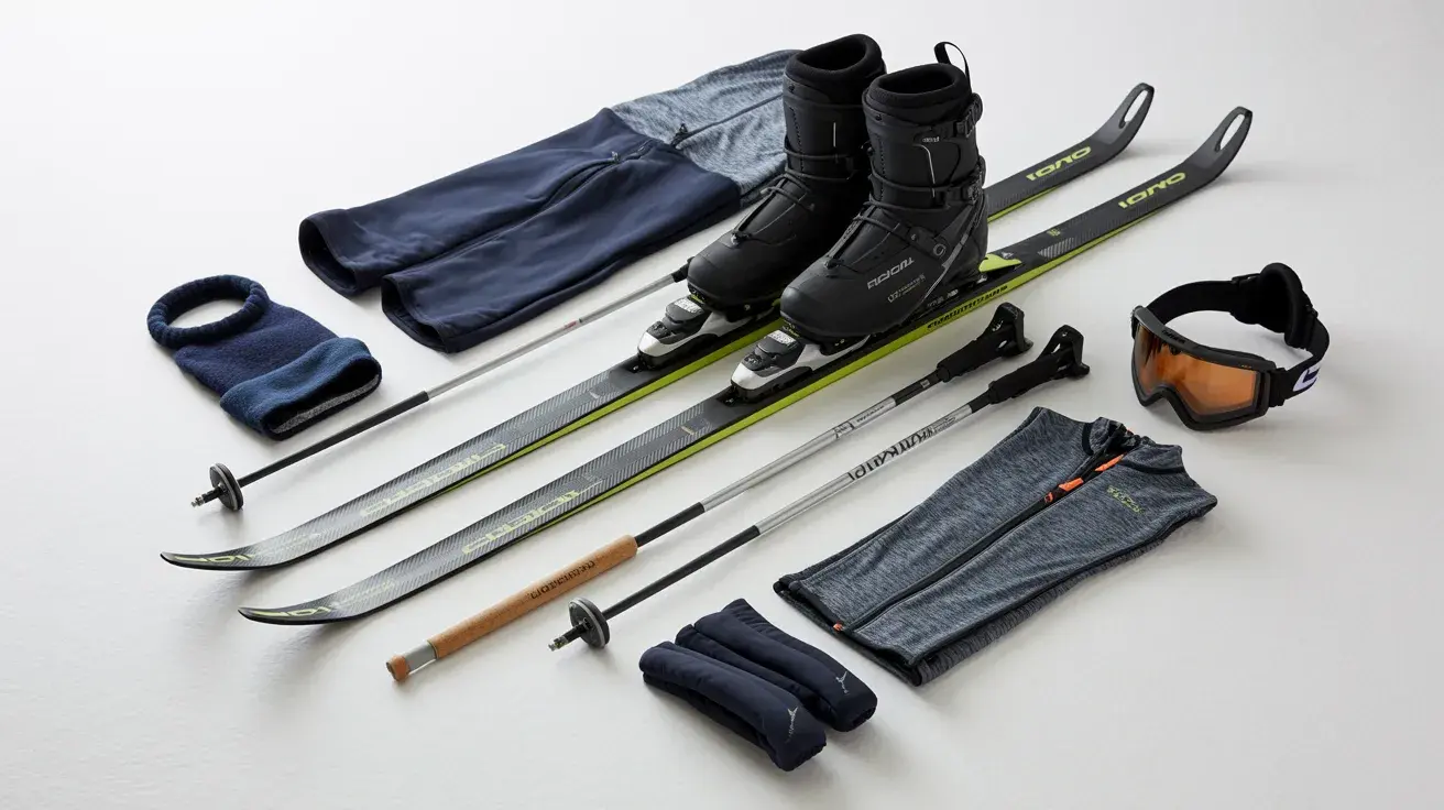 A collection of cross-country skiing gear, including skis, boots, poles, goggles, and clothing