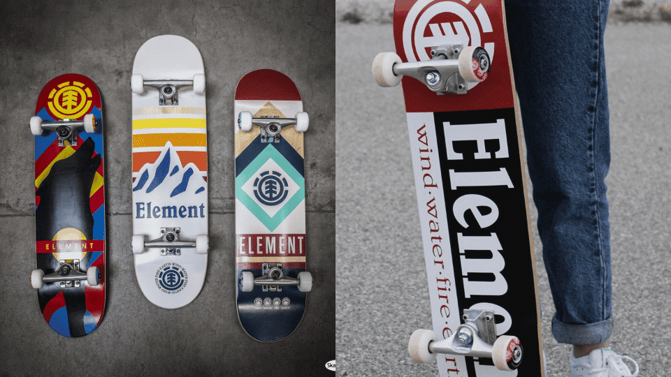 A collection of Element skateboards showning various designs