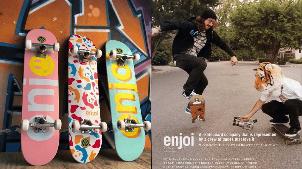 A collection of Enjoi skateboards showning various designs