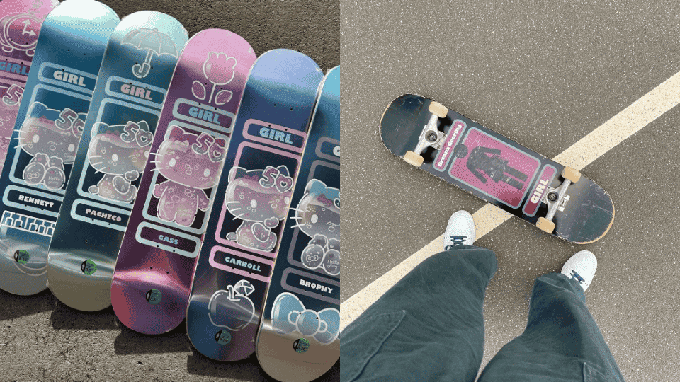 A collection of Girl skateboards showning various designs