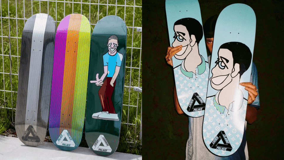A collection of Palace skateboards showning various designs