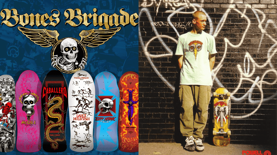 A collection of Powell Peralta skateboards showning various designs
