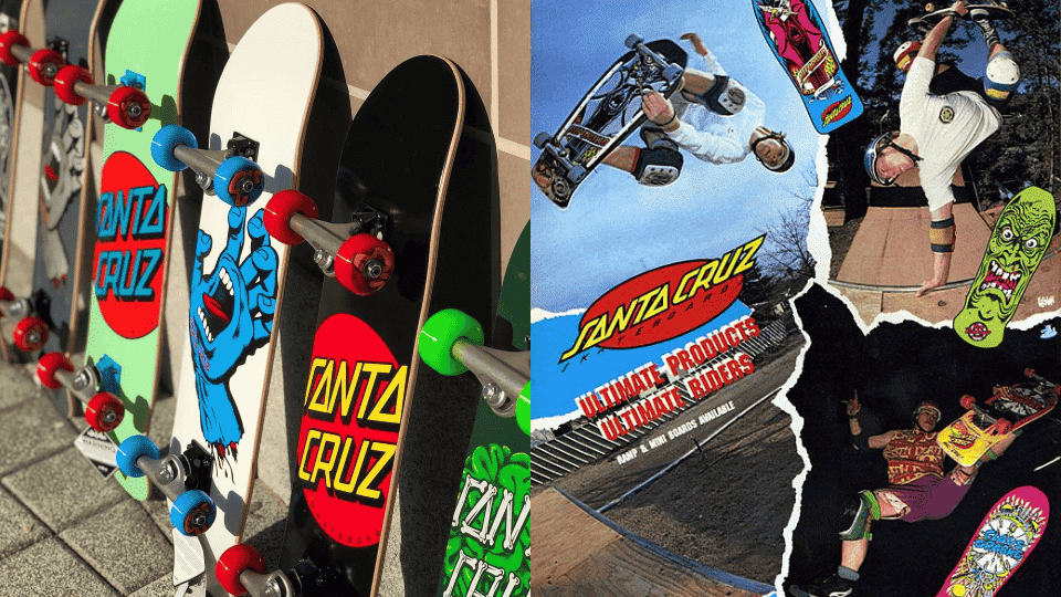 A collection of Santa Cruz skateboards showning various designs